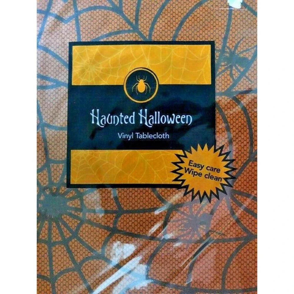 Haunted Halloween Tablecloth Vinyl Flannel Backed Spider Webs Orange 52X52